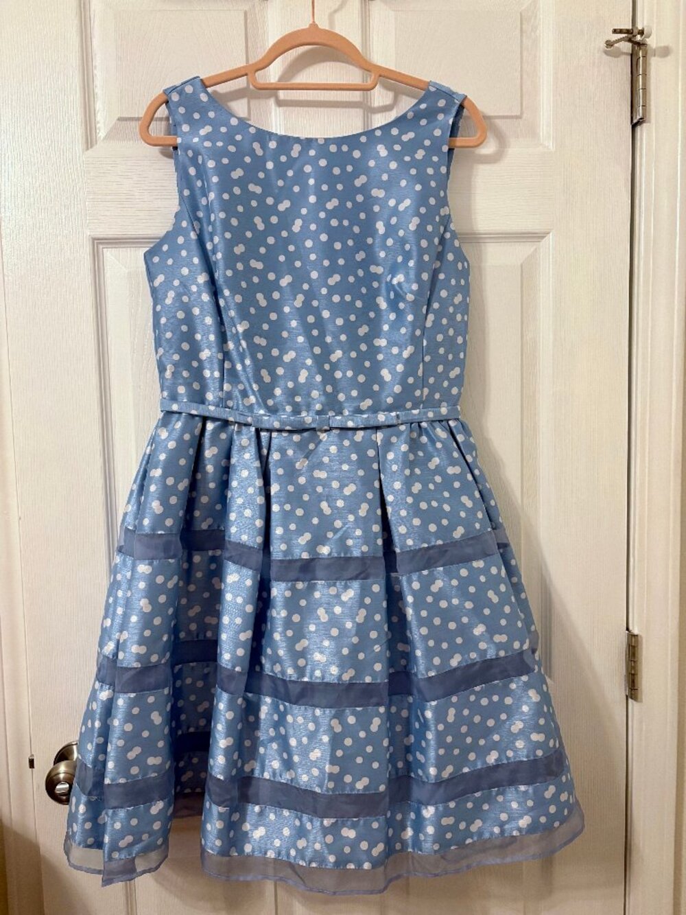 Taylor ModCloth Blue and White Retro Polka Dot Formal Dress, 10